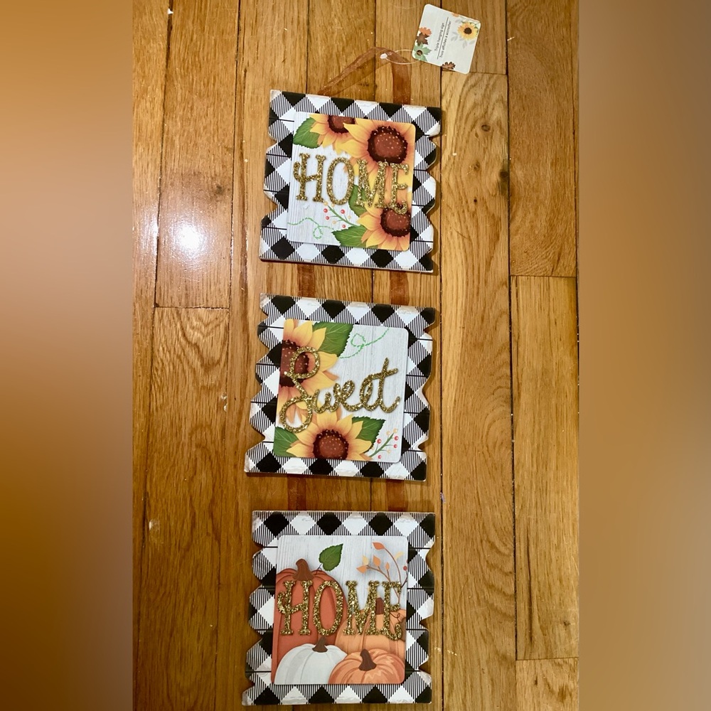 Home Sweet Triple Sign Dangle Wall Door Decoration Fall Pumpkin Sunflower